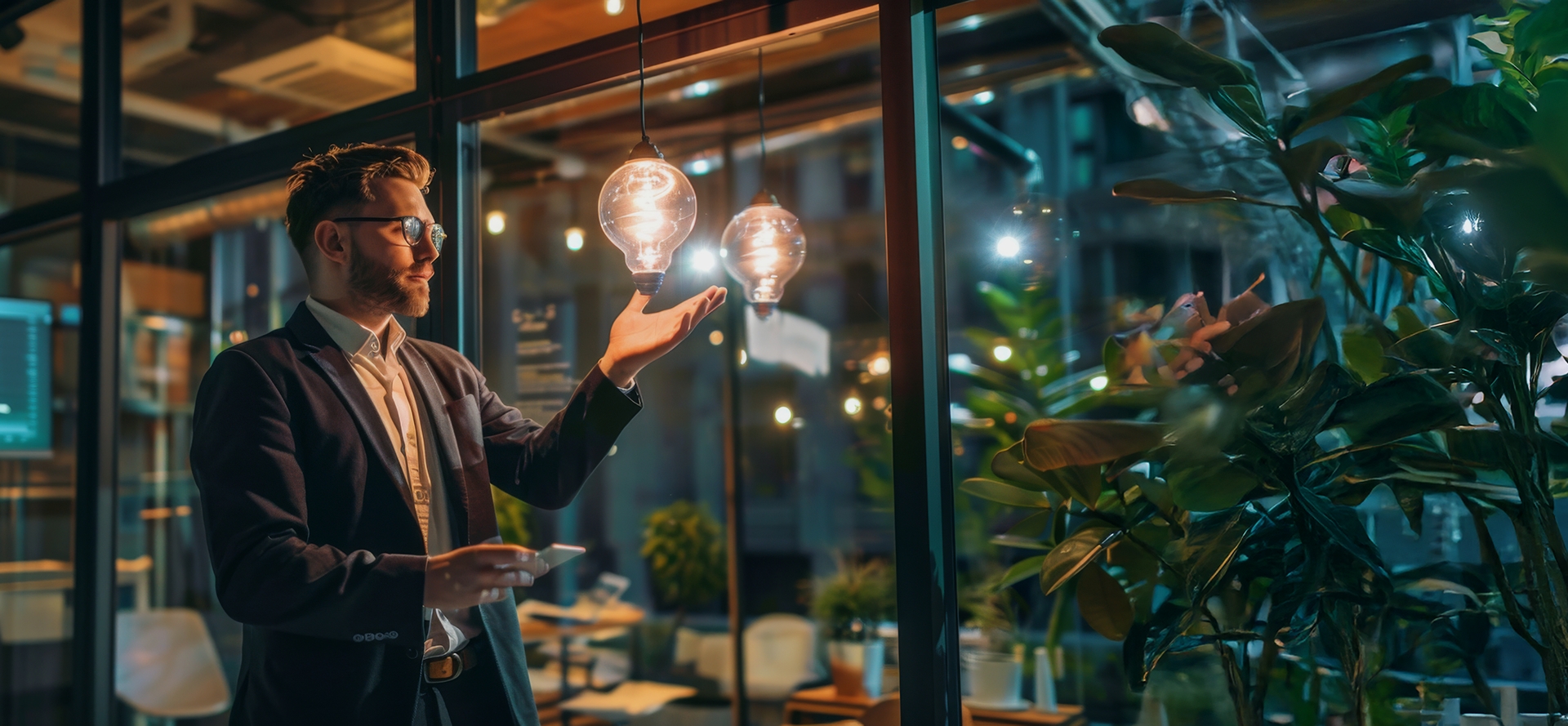 Profesional en entorno corporativo tecnológico interactuando con ideas e innovación