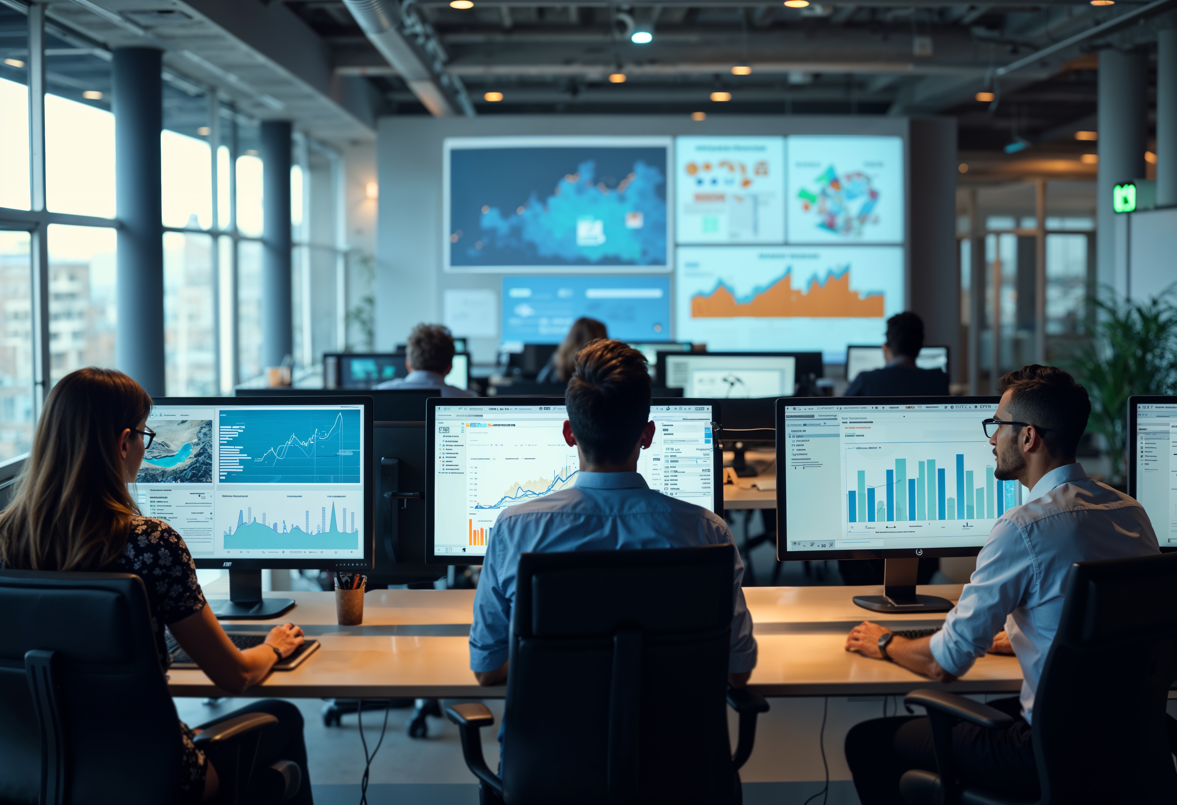 Equipo revisando indicadores financieros y operativos en pantallas de Business Central