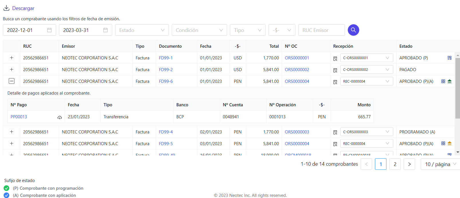 Vista de Titania para seguimiento de comprobantes y pagos
