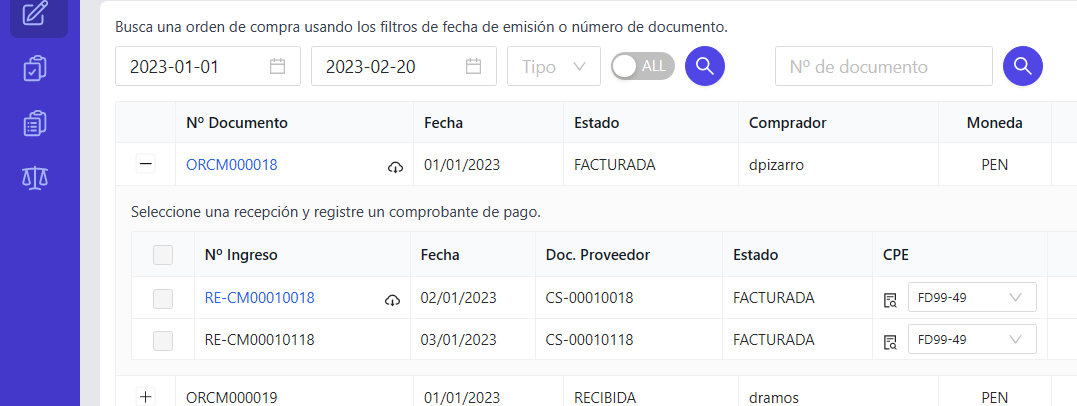 Vista de Titania para seguimiento de órdenes de compra y recepciones